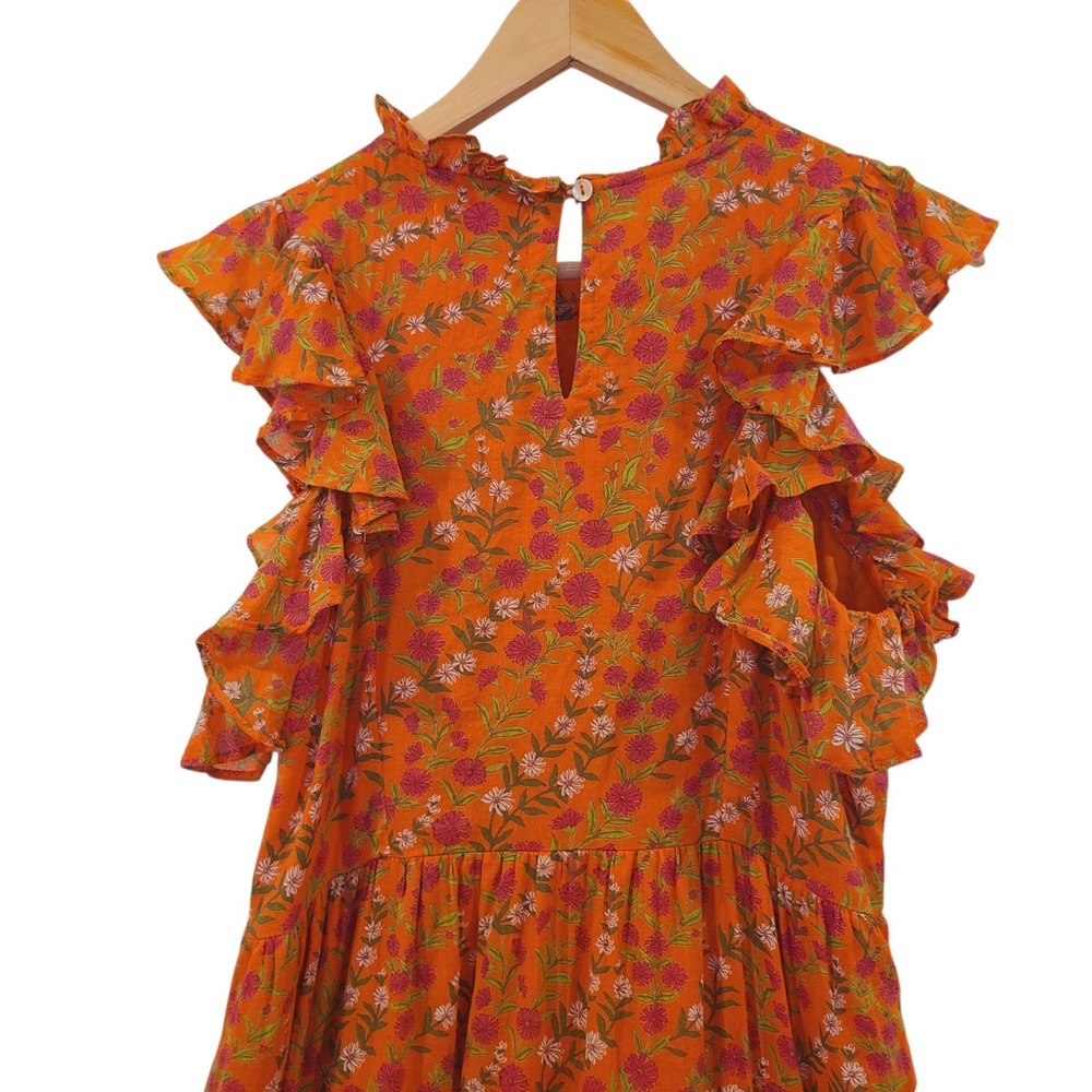 Banjanan Orange Medium Floral Boho Ruffle Tiered‎ Pockets Sleeveless Maxi Dress - Picture 5 of 7